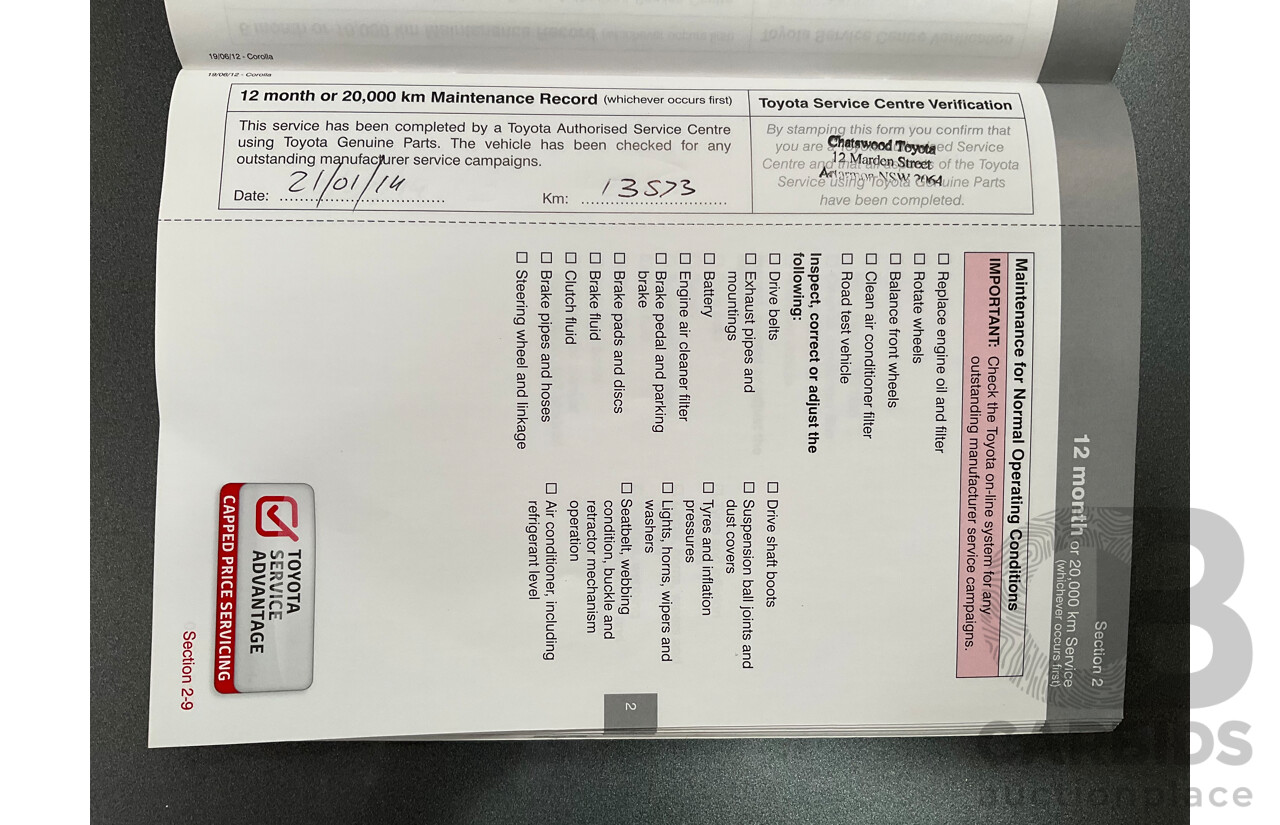 12/2012 Toyota Corolla Ascent Sport (FWD) ZRE182R 5d Hatchback Black Sand Metallic 1.8L