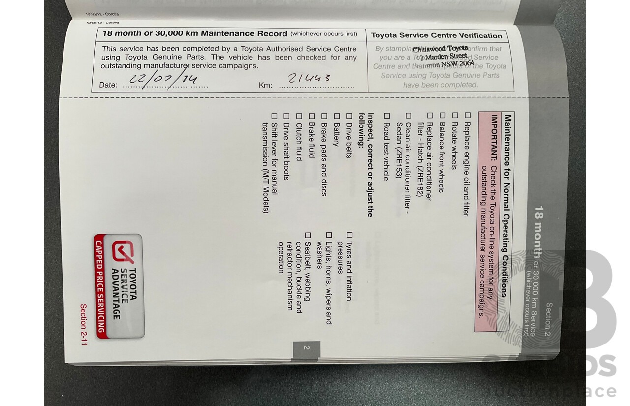 12/2012 Toyota Corolla Ascent Sport (FWD) ZRE182R 5d Hatchback Black Sand Metallic 1.8L