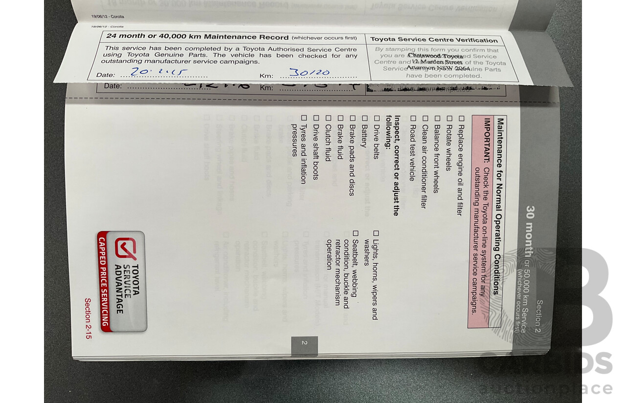 12/2012 Toyota Corolla Ascent Sport (FWD) ZRE182R 5d Hatchback Black Sand Metallic 1.8L