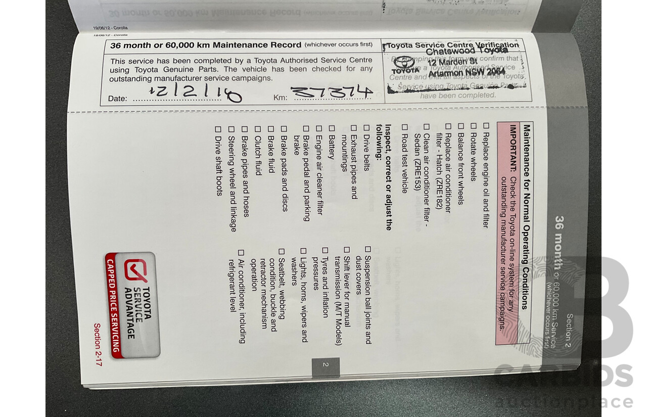 12/2012 Toyota Corolla Ascent Sport (FWD) ZRE182R 5d Hatchback Black Sand Metallic 1.8L