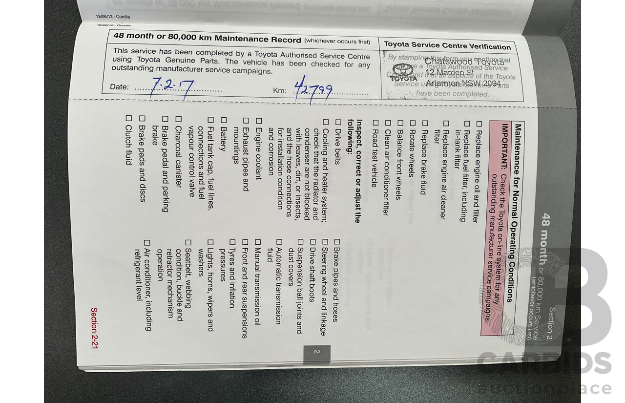 12/2012 Toyota Corolla Ascent Sport (FWD) ZRE182R 5d Hatchback Black Sand Metallic 1.8L