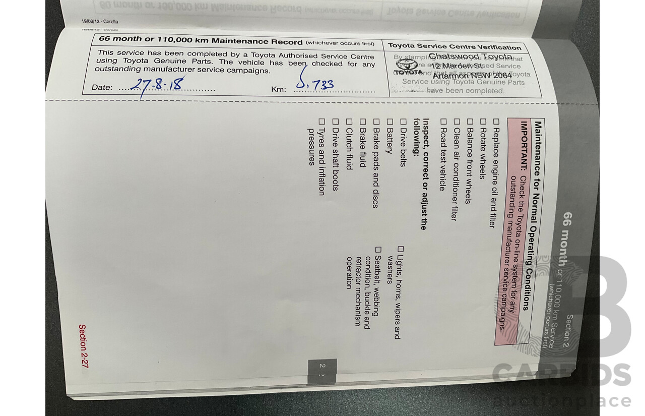 12/2012 Toyota Corolla Ascent Sport (FWD) ZRE182R 5d Hatchback Black Sand Metallic 1.8L