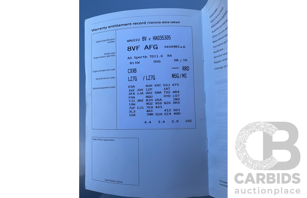11/2016 Audi A3 1.6 TDI Sportback (FWD) 8V MY17 5d Hatchback Silver Turbo 1.6L