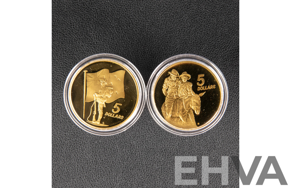 1990 Reserve Bank of New Zealand and Royal Australian Mint Five Dollar Coins,  ANZAC 75th Commemorative Coin Set
