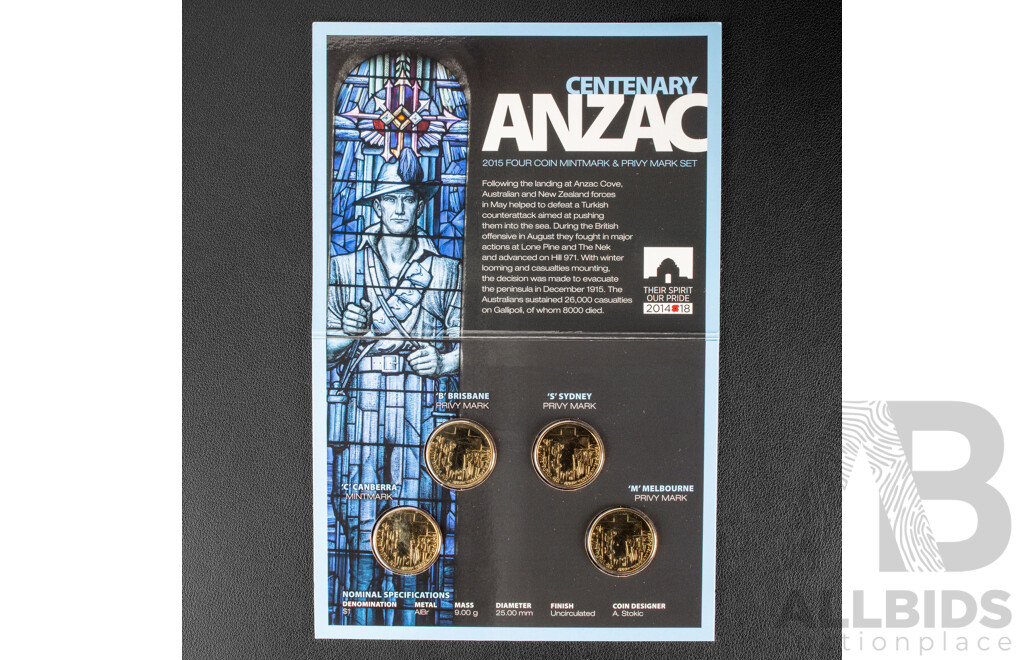 Australian RAM 2015 Four One Dollar Coin Set, Centenary ANZAC, Privy Marks C, B, S, M
