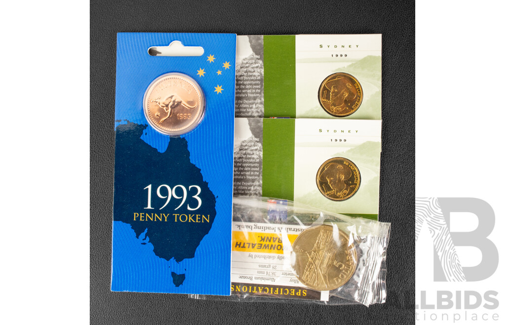 Australian 1988 Five Dollar Coin, Two 1999 One Dollar Coins, Last ANZACs S Mint Marks, 1993 Penny Token
