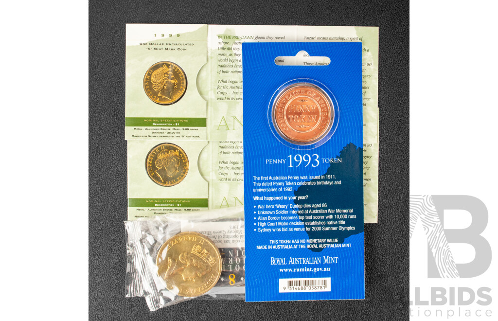 Australian 1988 Five Dollar Coin, Two 1999 One Dollar Coins, Last ANZACs S Mint Marks, 1993 Penny Token