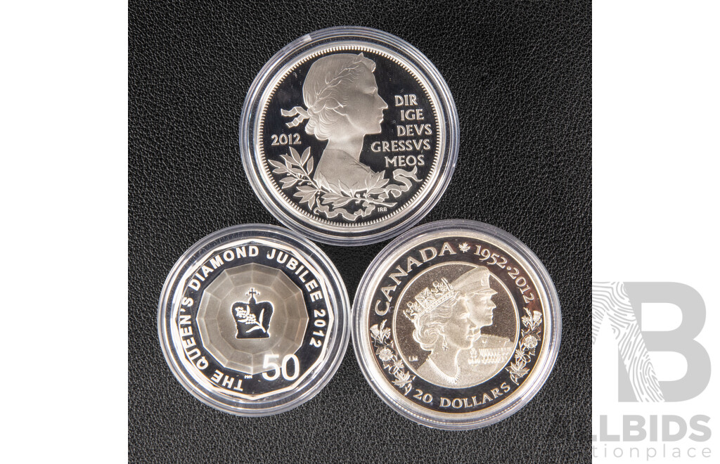 United Kingdom/Canada/Australia 2012 Three Silver Coin Set, Queen Elizabeth II Diamond Jubilee .999