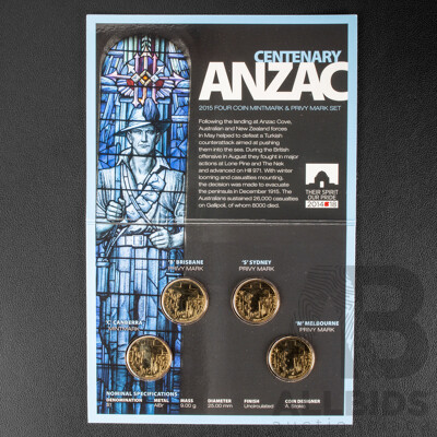 Australian RAM 2015 Four One Dollar Coin Set, Centenary ANZAC, Privy Marks C, B, S, M