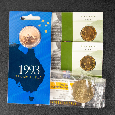 Australian 1988 Five Dollar Coin, Two 1999 One Dollar Coins, Last ANZACs S Mint Marks, 1993 Penny Token