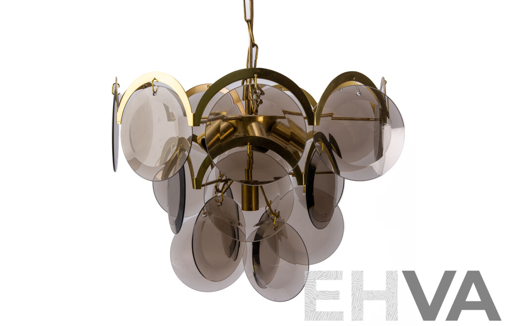 Mid-Century Italian Smoked Glass Chandelier by Vistosi with Gilt Metal Mount, Circa 1970s