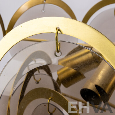 Mid-Century Italian Smoked Glass Chandelier by Vistosi with Gilt Metal Mount, Circa 1970s