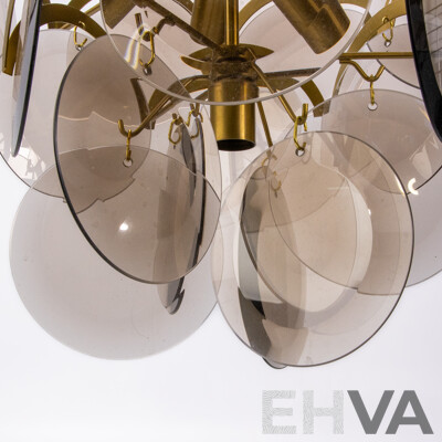 Mid-Century Italian Smoked Glass Chandelier by Vistosi with Gilt Metal Mount, Circa 1970s