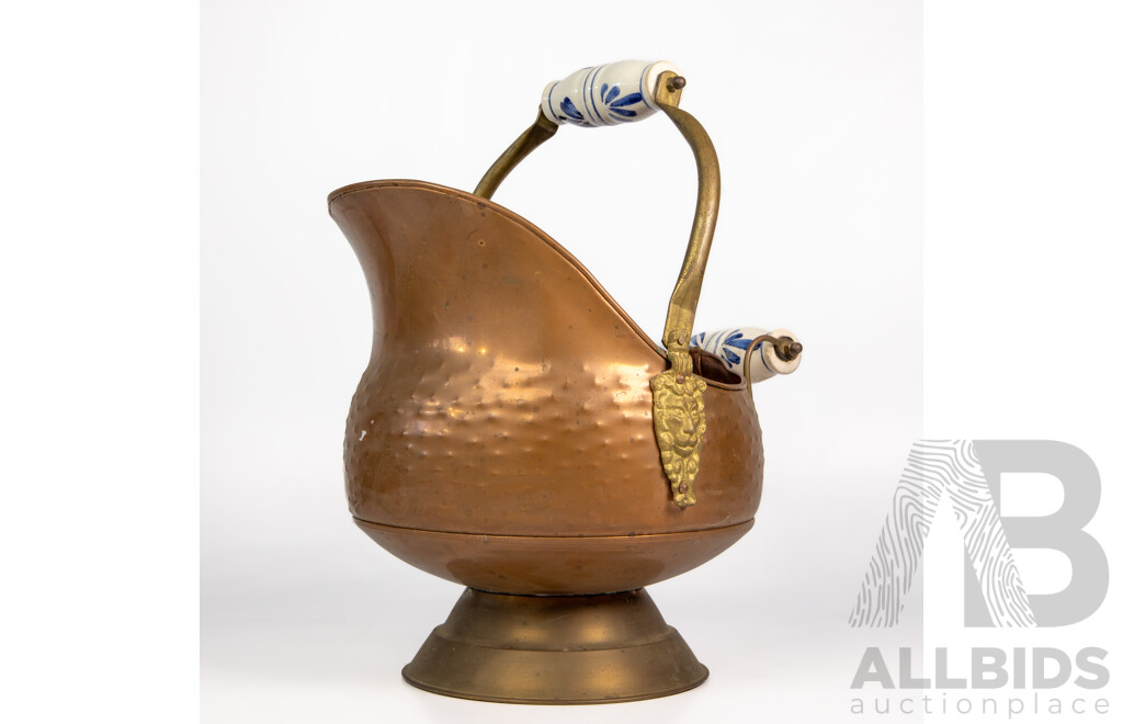 Antique Copper Coal Scuttle with Hammered Finish and Lions Head Details