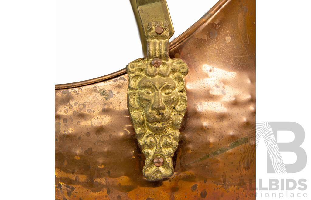 Antique Copper Coal Scuttle with Hammered Finish and Lions Head Details