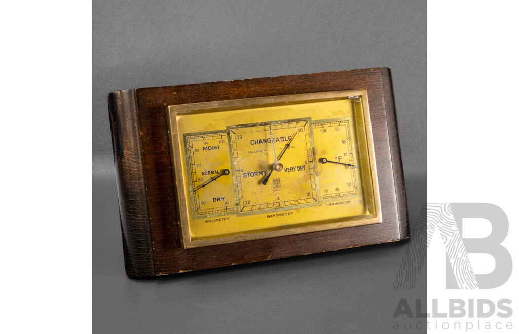 Vintage J.G. Gischard German Oak Cased Barometer, Hygrometer and Thermometer