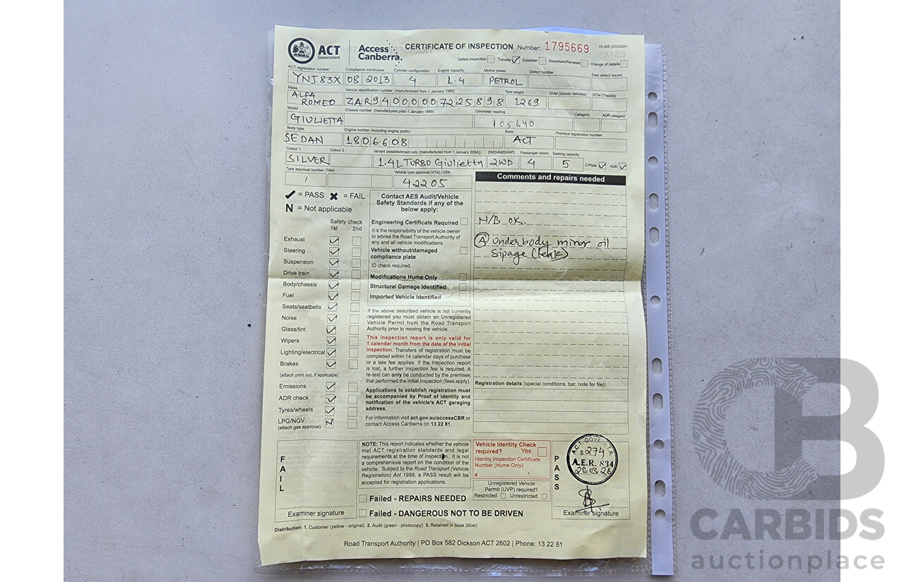 8/2013 Alfa Romeo Giulietta Distinctive  5d Hatchback Silver 1.4L