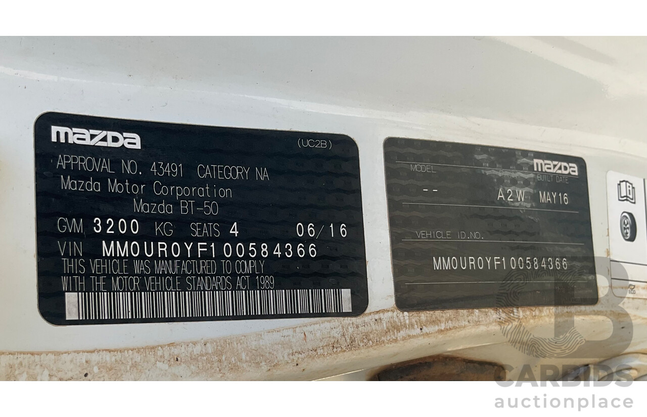 06/2016 Mazda BT-50 XT Hi-Rider (4x2) MY16 Freestyle C/Chas White Turbo Diesel 3.2L