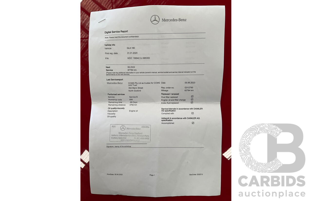 01/2020 Mercedes-Benz GLA 180 (FWD) X156 MY20 4d Wagon Jupiter Red Turbo 1.6L