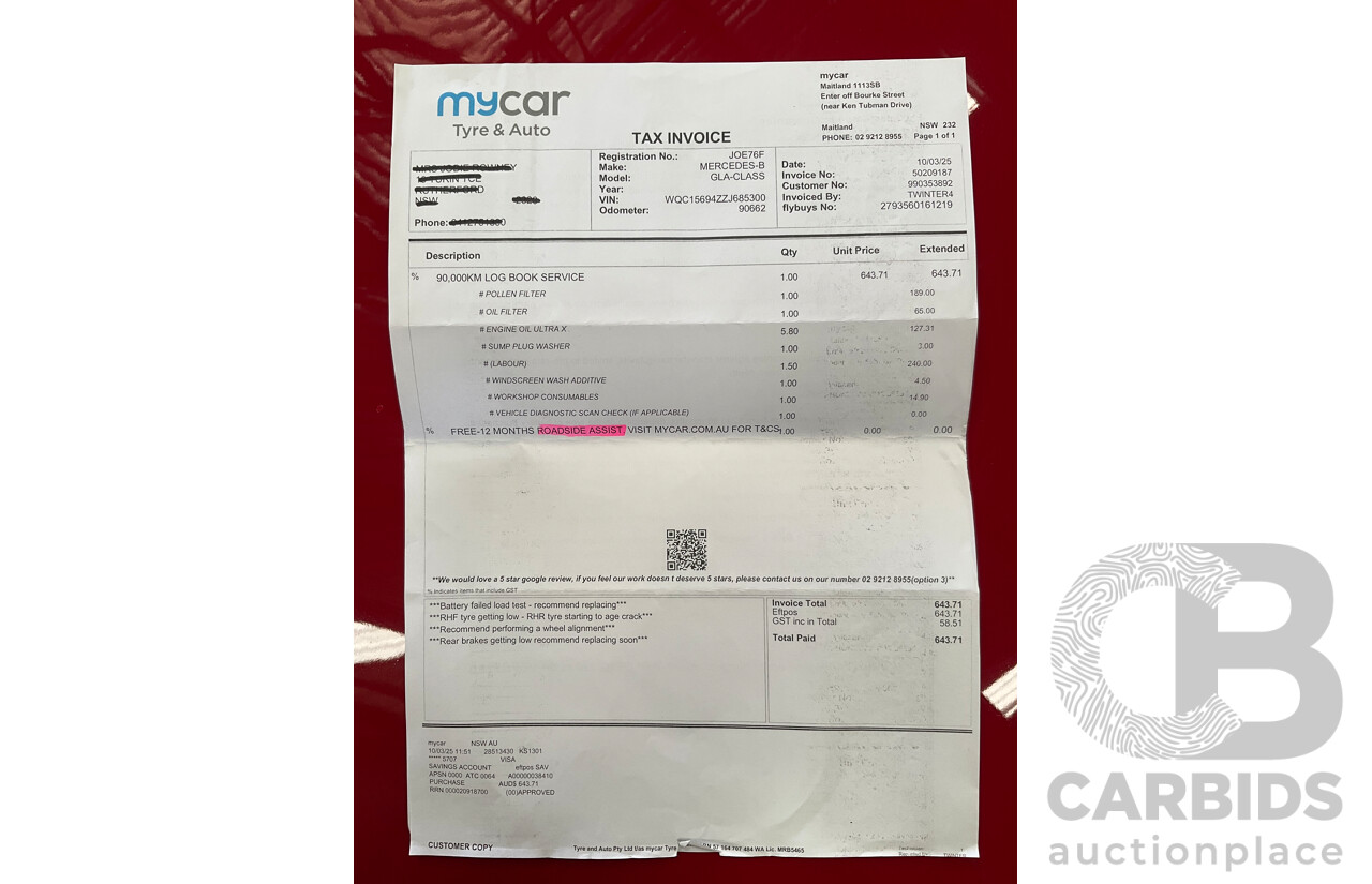 01/2020 Mercedes-Benz GLA 180 (FWD) X156 MY20 4d Wagon Jupiter Red Turbo 1.6L