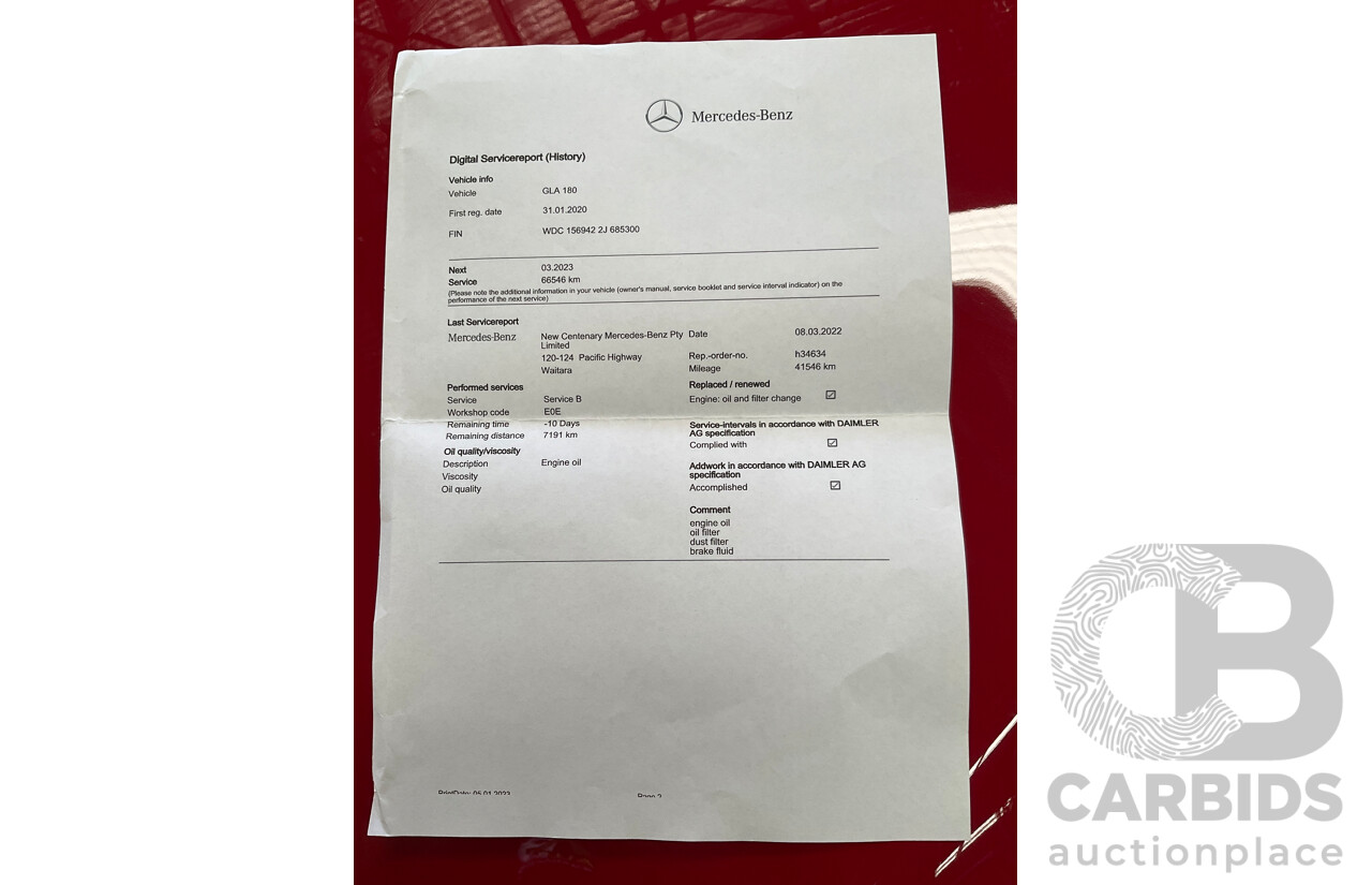 01/2020 Mercedes-Benz GLA 180 (FWD) X156 MY20 4d Wagon Jupiter Red Turbo 1.6L