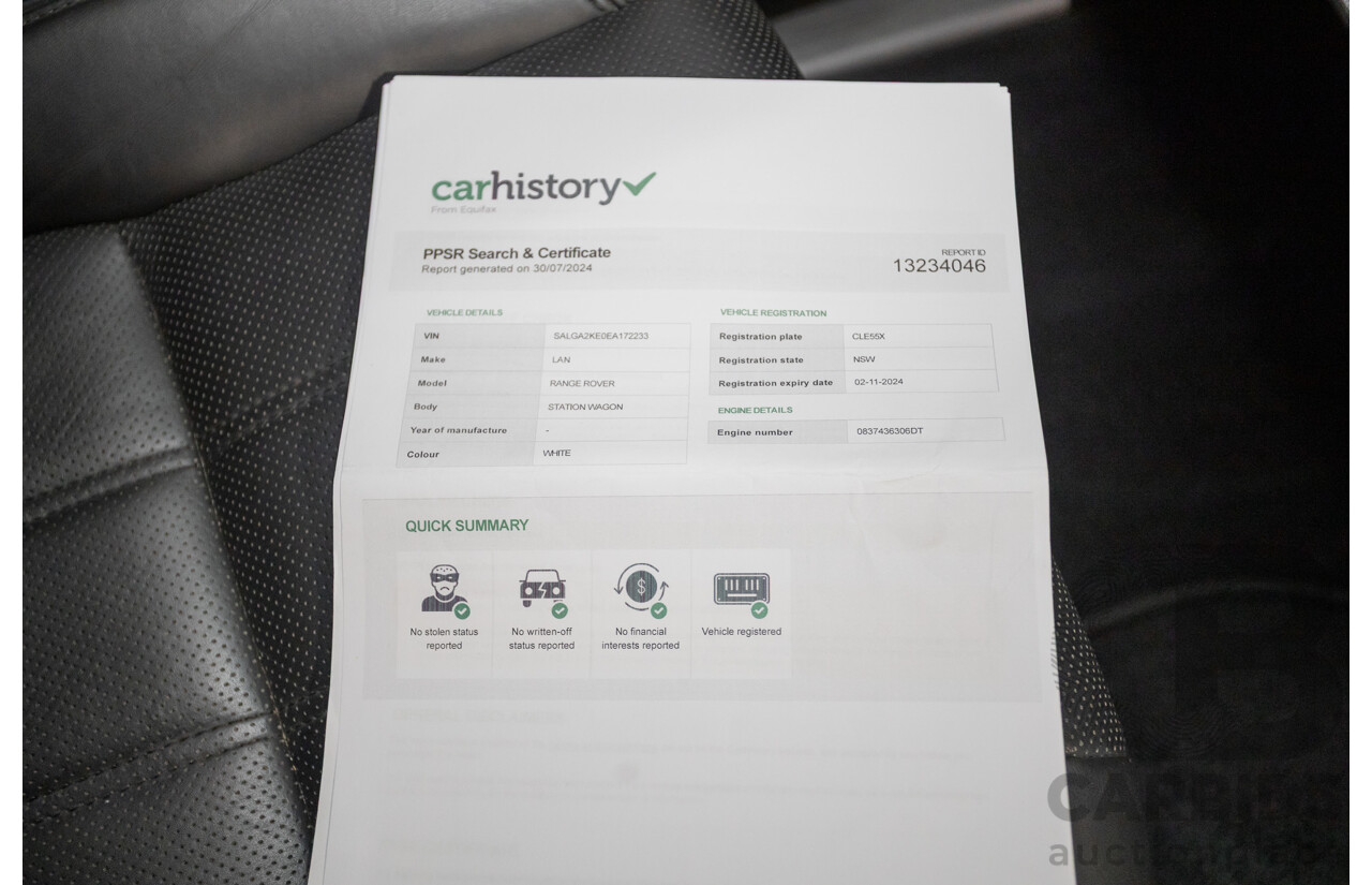 6/2014 Land Rover Range Rover Vogue TDV6 LG MY14.5 4d Wagon Fuji White Twin Turbo Diesel V6 3.0L