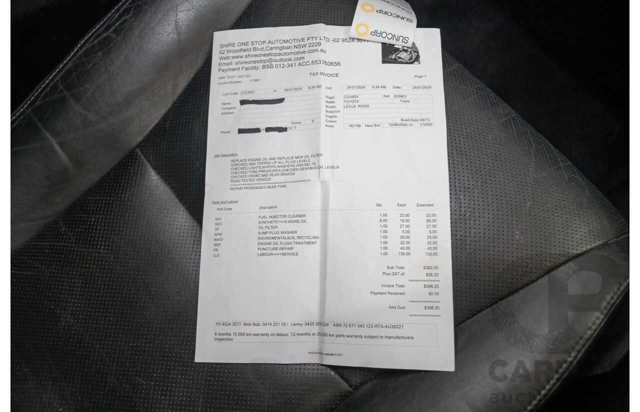 9/2013 Lexus RX350 Luxury GGL15R MY12 4d Wagon White Pearl V6 3.5L