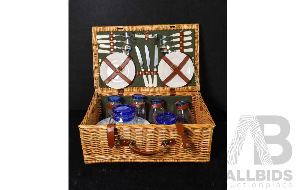 Vintage Cane Picnic Basket with Contents