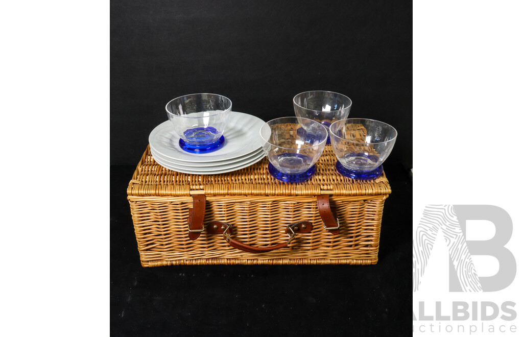 Vintage Cane Picnic Basket with Contents