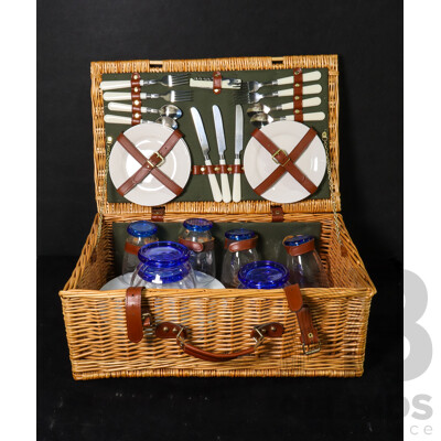 Vintage Cane Picnic Basket with Contents