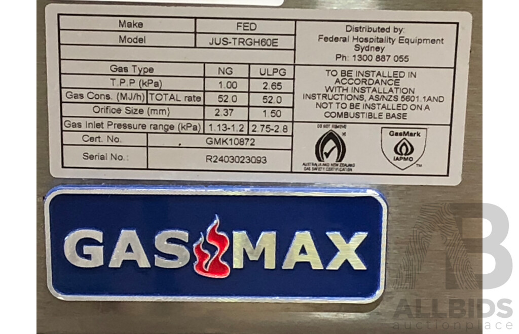 Gasmax Benchtop Natural Gas/LPG Combo 1/2 Char Grill & 1/2 Griddle with Stainless Steel Stand