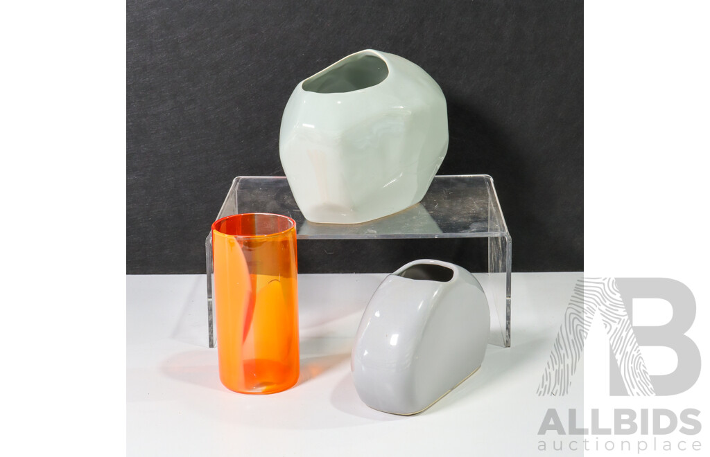 Collection of Three Vases: Two Handcrafted Clay Pieces and One Glass Vase