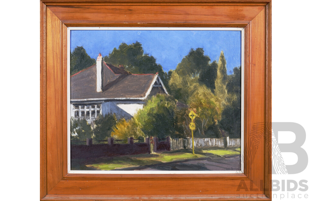 Kay Jenkin (20th Century, Active C.1960-1970s), Untitled (Suburban Street Scene), Original Vintage Oil on Masonite, 51 X 58 Cm (Frame)