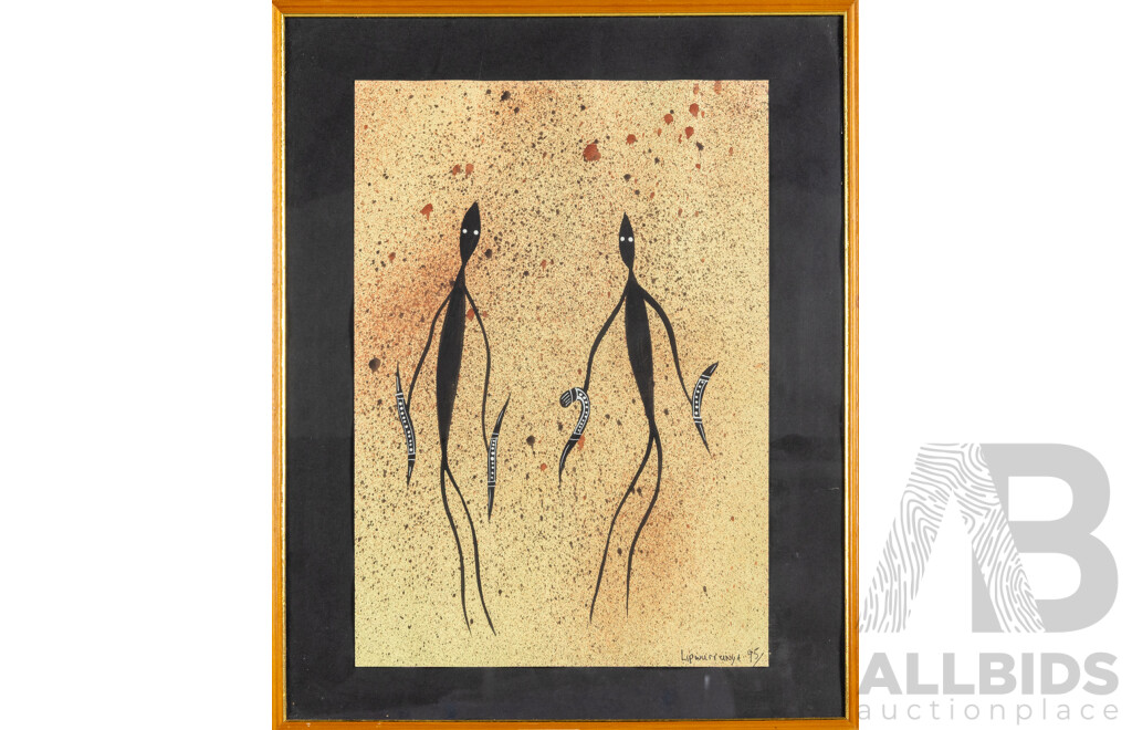Lipwurranga [AKA Les Huddleston],(20th Century, Indigenous-Australian), Water Warriors (1995), Original Watercolour & Acrylic on Paper, 52 x 42 cm (frame)