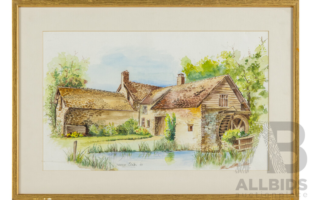 James Plato, (20th Century, Active c1990s), House and Water Mill, Original Watercolour, 38 x 55 cm (frame)