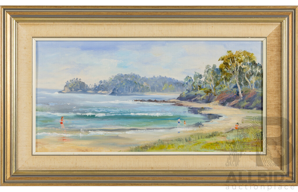 Dorothy Stacey Payne, (20th Century, Australian), Southern End of Surf Beach, Vintage Oil on Canvas Board, 39 x 64 cm (frame)