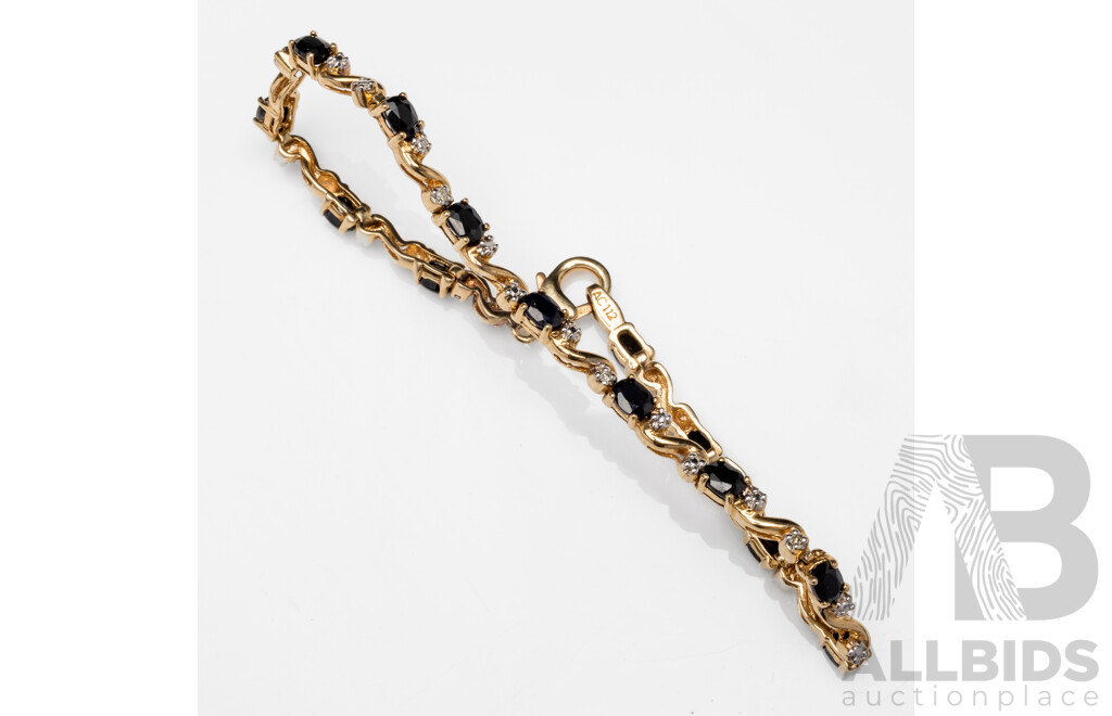 9ct Yellow Gold Twisted Rope Style Oval Sapphire and Diamond Bracelet - 6.32gms