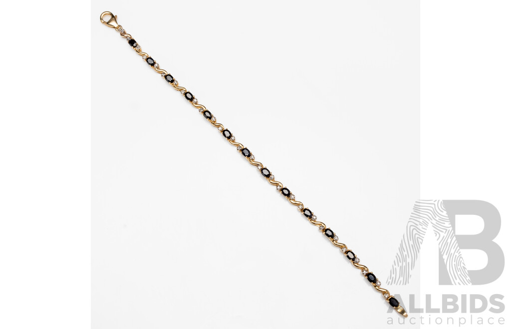 9ct Yellow Gold Twisted Rope Style Oval Sapphire and Diamond Bracelet - 6.32gms