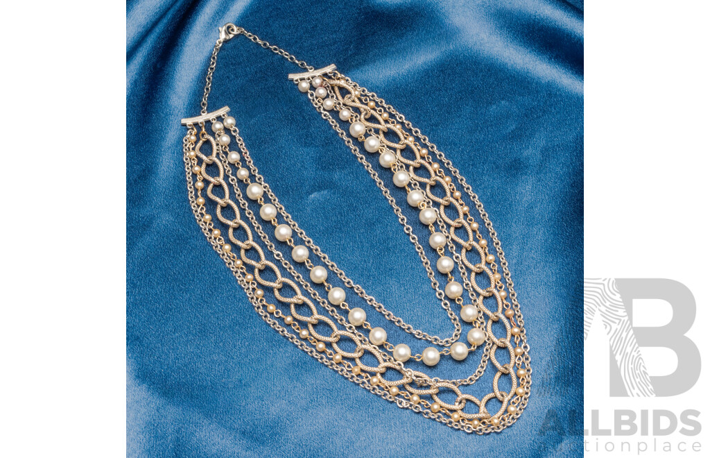 Silver Plated Metal Link and Pearl Multi Strand Necklace. Length - 46.5cms