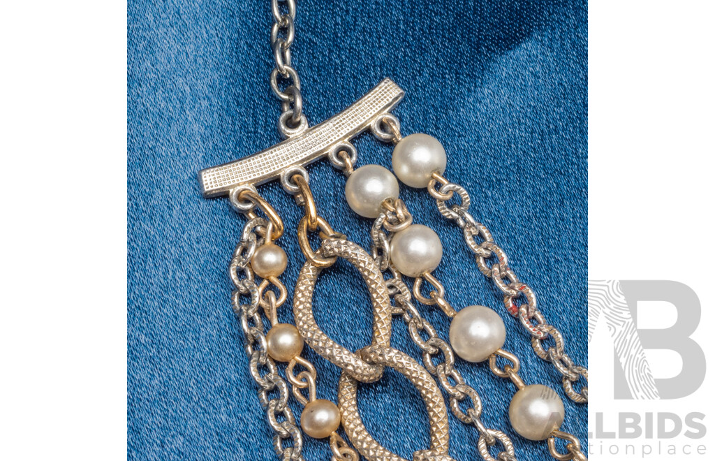 Silver Plated Metal Link and Pearl Multi Strand Necklace. Length - 46.5cms