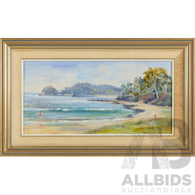 Dorothy Stacey Payne, (20th Century, Australian), Southern End of Surf Beach, Vintage Oil on Canvas Board, 39 x 64 cm (frame)