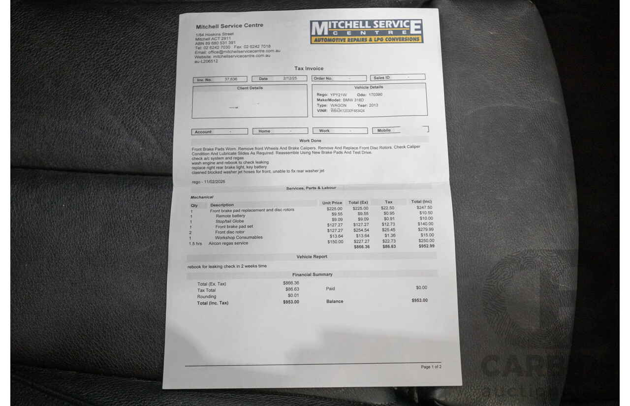 9/2013 BMW 318d M Sport Package F31 4D Wagon Alpin White Turbo Diesel 2.0L