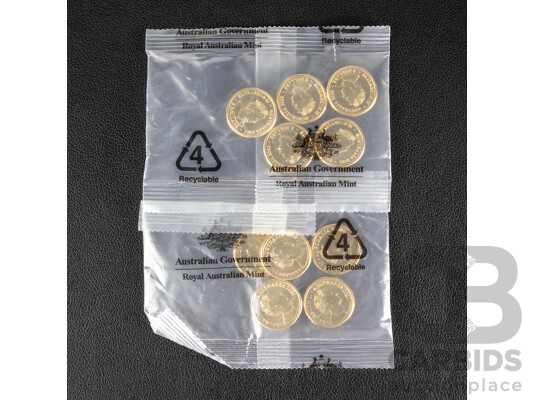 Ten Australian RAM UNC Commemorative Two Dollar Coins Including 2022 Seventy Fifth Anniversary of Peacekeeping and 2020 Seventy Five Years End of WW2