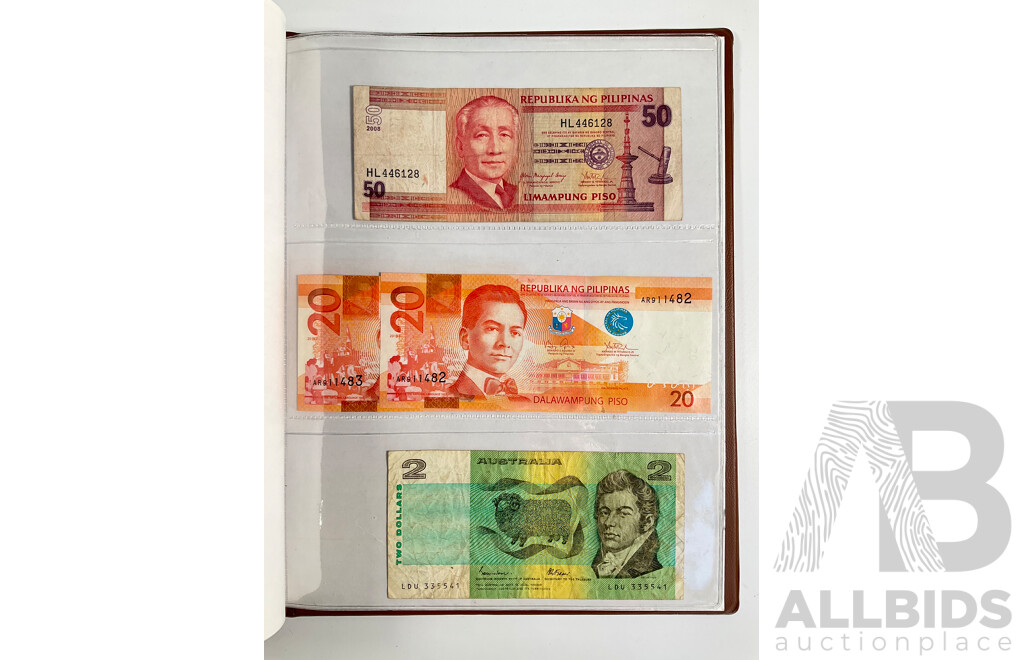 Album of International Banknotes Including Consecutive India Twenty Rupees, Three Consecutive Cambodia One Thousand Riels, Two Consecutive Philippines Twenty Pisos, Australian 1985 Two Dollar, Vintage China, Netherlands.........
