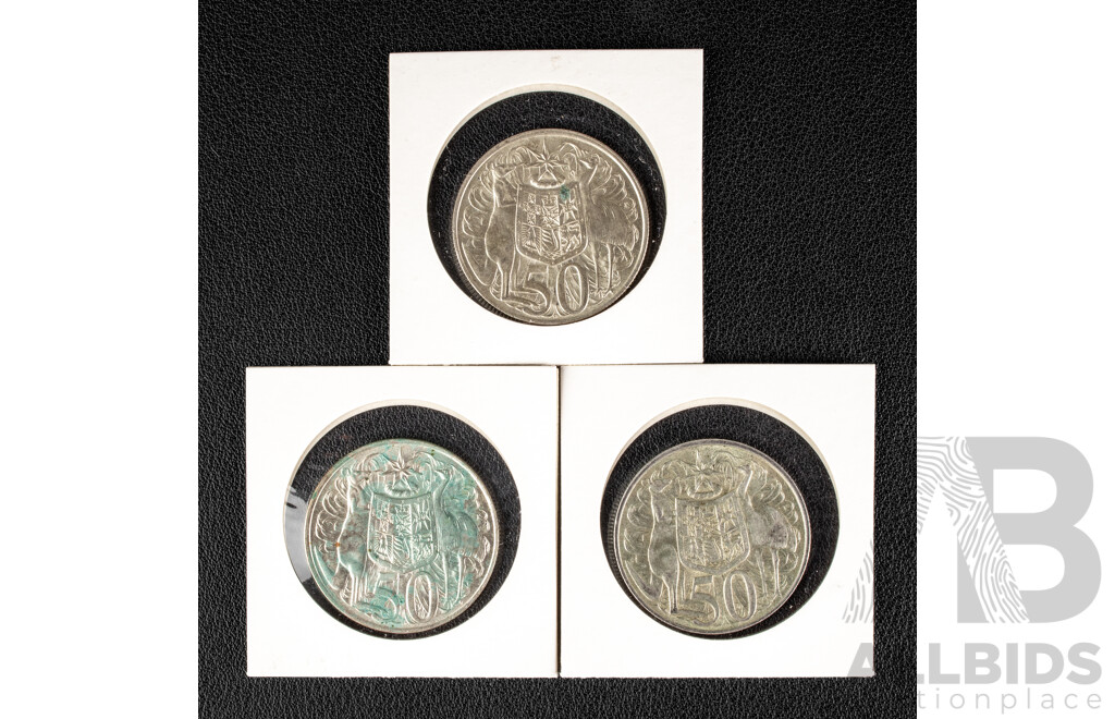 Three Australian 1966 Round Silver Fifty Cent Coins .800