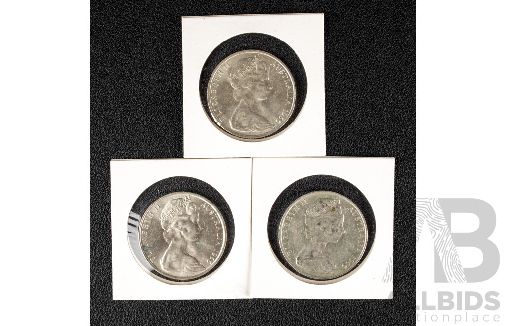Three Australian 1966 Round Silver Fifty Cent Coins .800