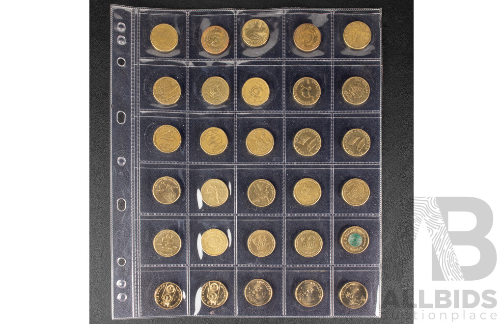 Thirty Australian Commemorative One Dollar Coins Including Three 2024 Bluey Dollar Bucks, Two 2020 Qantas Centenary, Three 2005 WW2 Peace, Two 2003 Making a Difference and More
