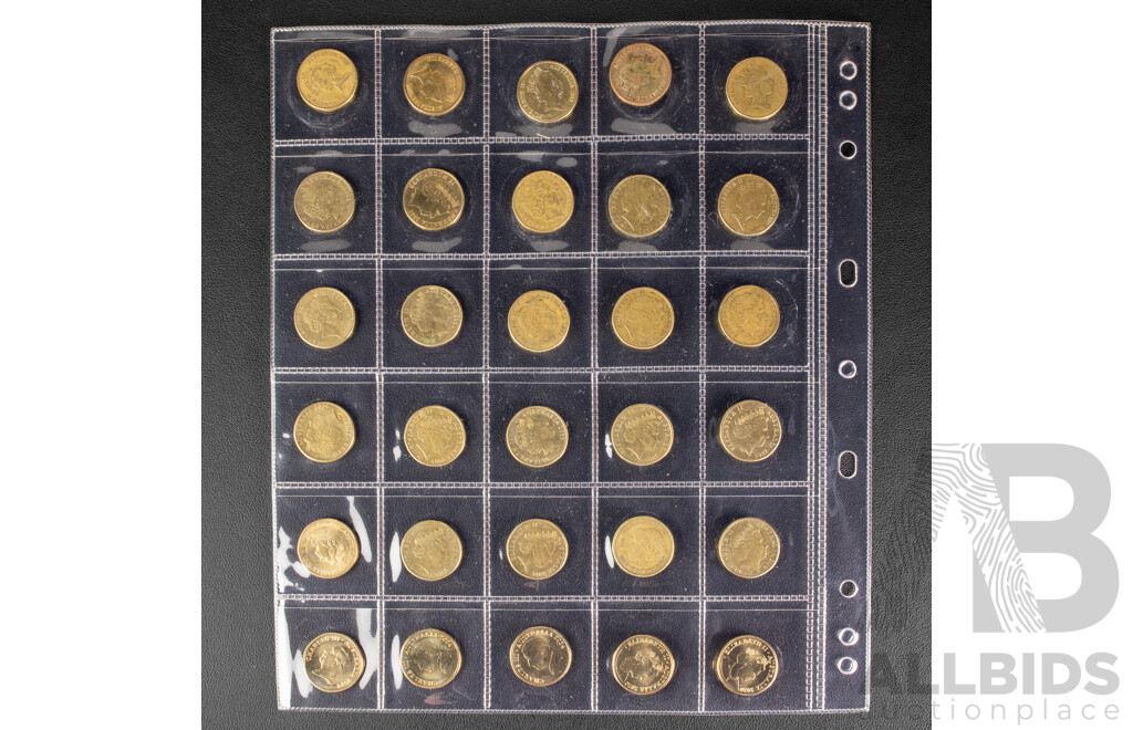 Thirty Australian Commemorative One Dollar Coins Including Three 2024 Bluey Dollar Bucks, Two 2020 Qantas Centenary, Three 2005 WW2 Peace, Two 2003 Making a Difference and More