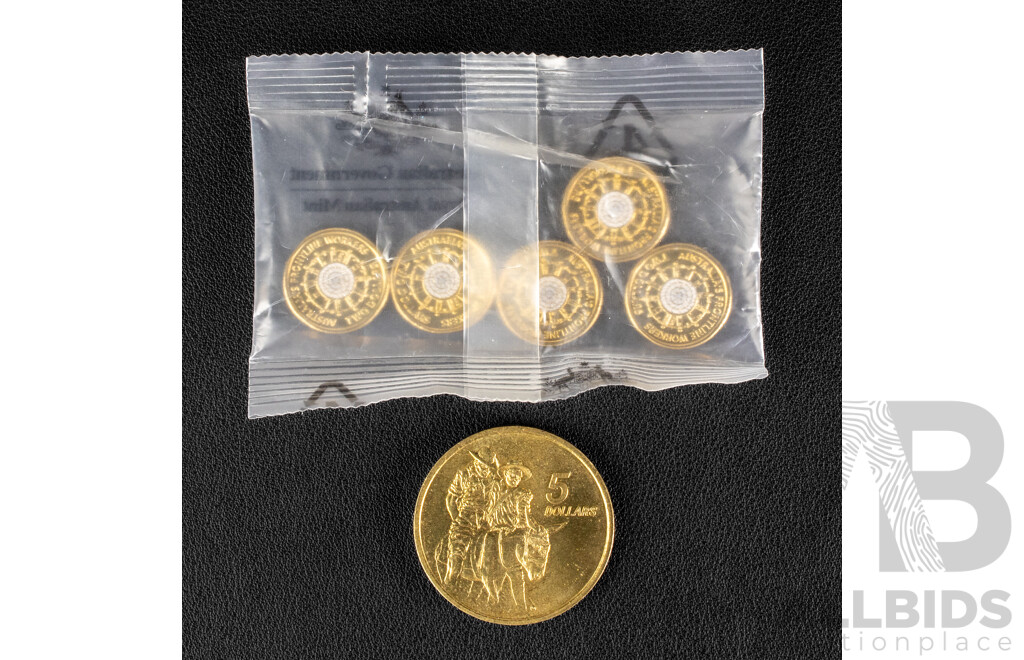 Five Australian RAM 2022 Two Dollar Coins, Australia's Frontline Workers with 1990 UNC Five Dollar Coin, ANZAC 75th Anniversary