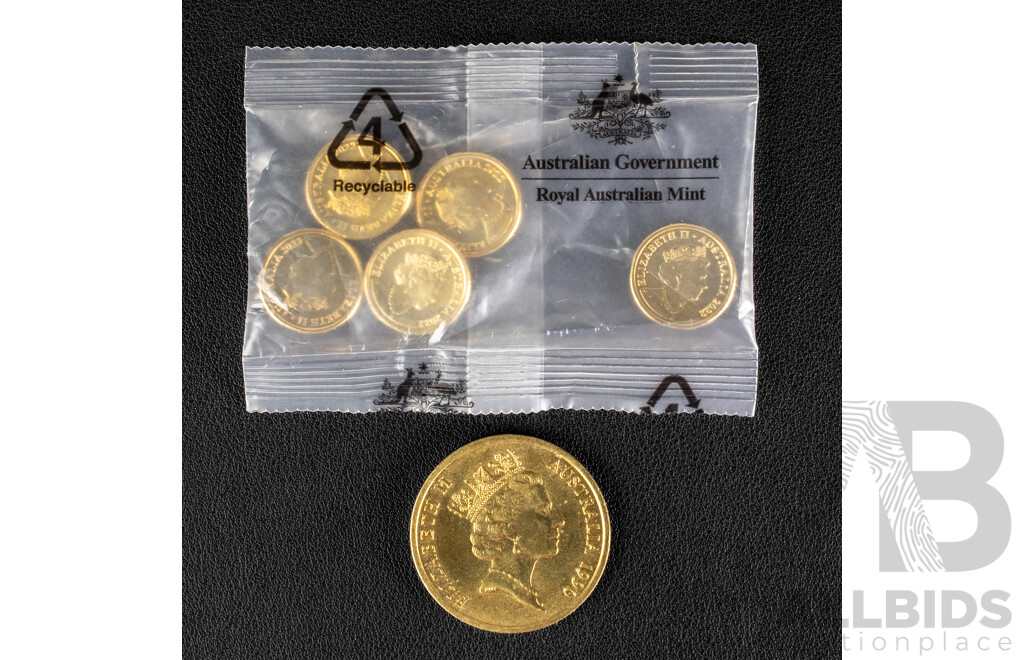 Five Australian RAM 2022 Two Dollar Coins, Australia's Frontline Workers with 1990 UNC Five Dollar Coin, ANZAC 75th Anniversary